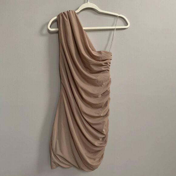Misha Revolve One Shoulder Mini Dress Women's S Nude Cocktail Bodycon Mesh Y2K - Picture 1 of 11